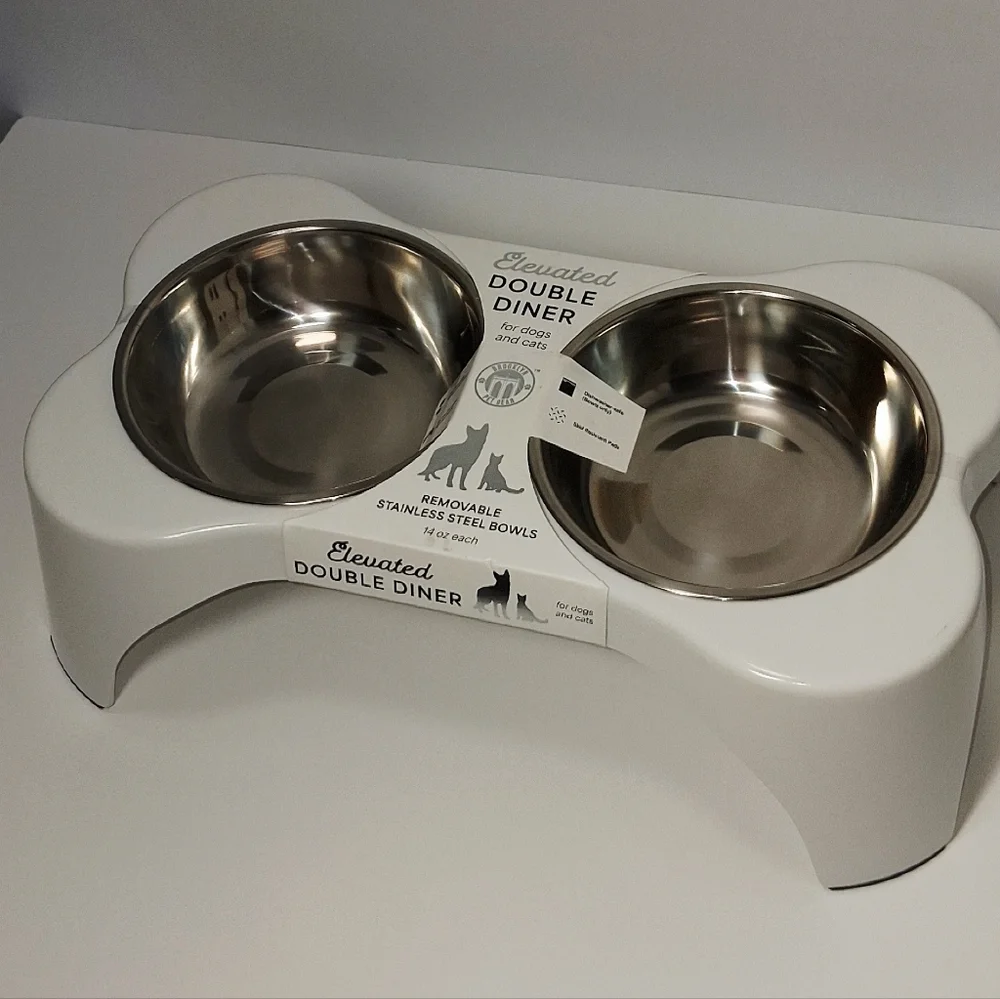 Elevated Double Diner Pet Bowl - White with Stainless Steel Bowls